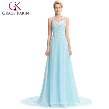 Grace Karin Elegante Halter Empire Waist Beaded Lace Up Back Dress Light Blue Long Chiffon Evening Dresses CL4653-1